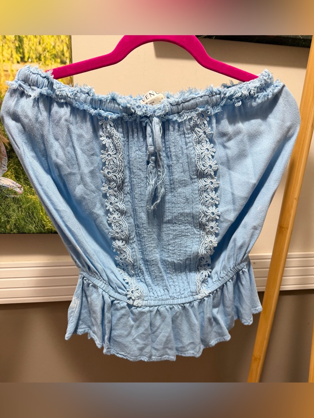 VENUS Light Blue Off-the-Shoulder Lace-Trim Peplum Top